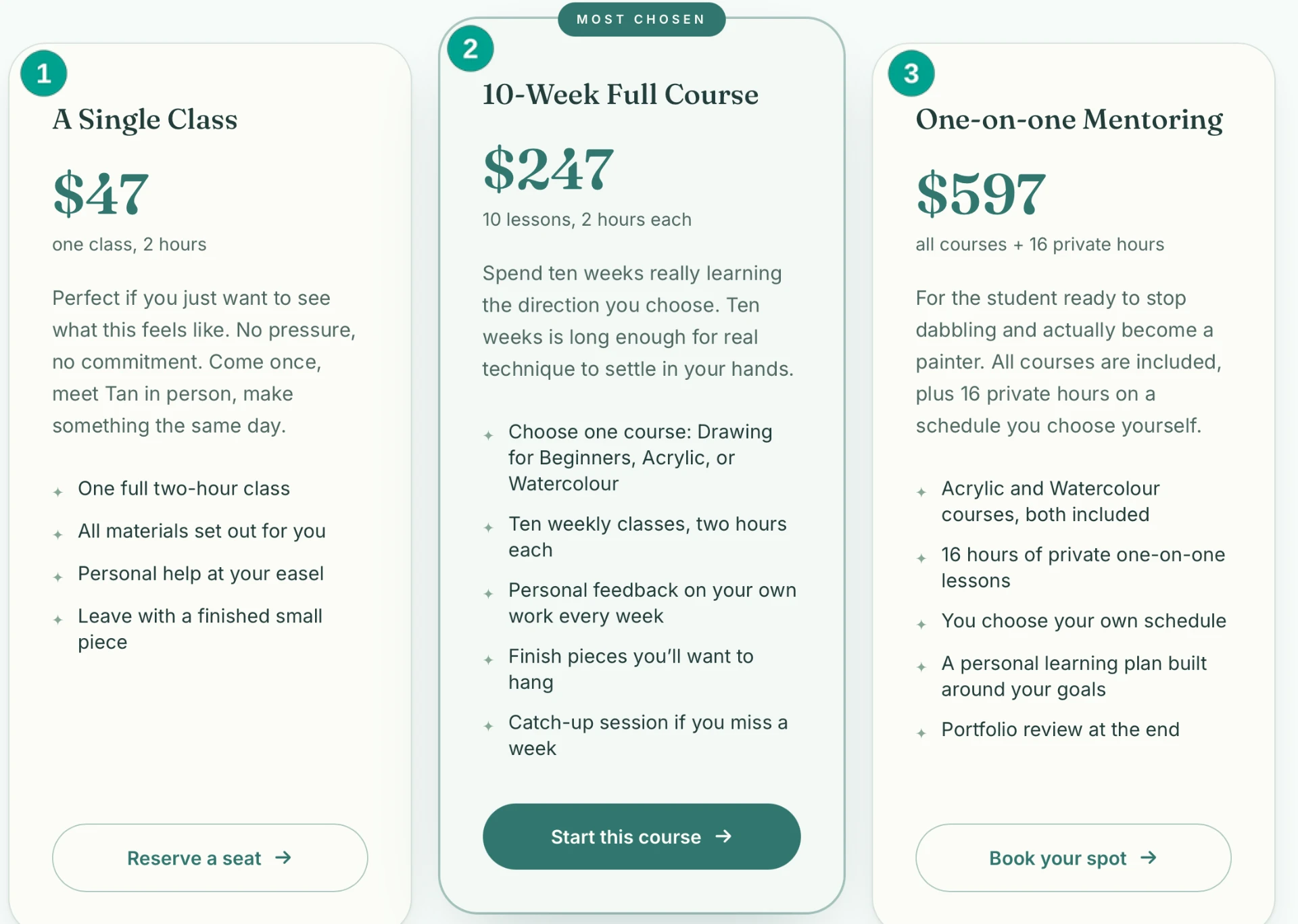 Mig & Tan three-package pricing section for a single class, full course and private mentoring