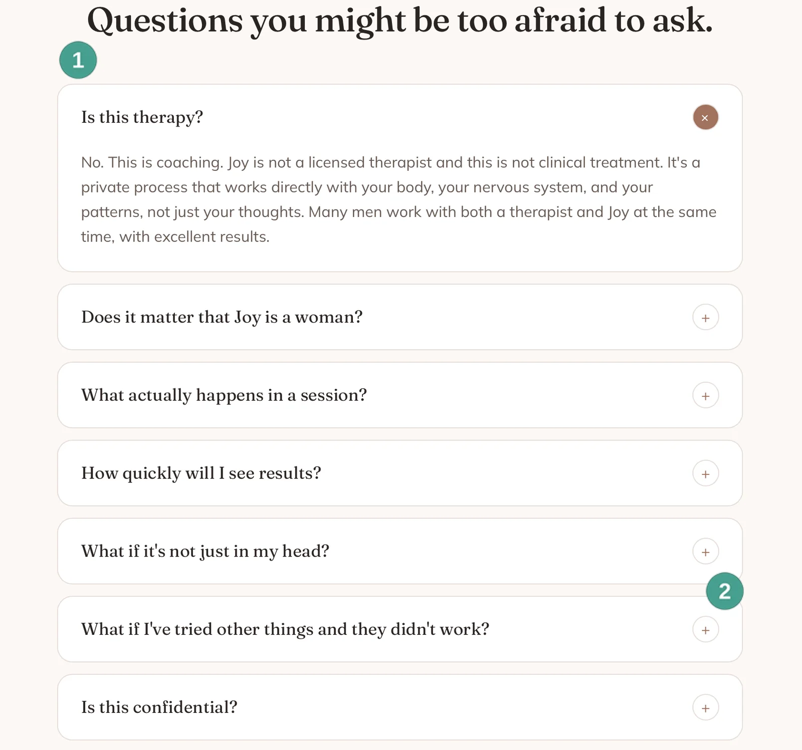 Joy Rigel frequently asked questions covering coaching, sessions, results, and confidentiality