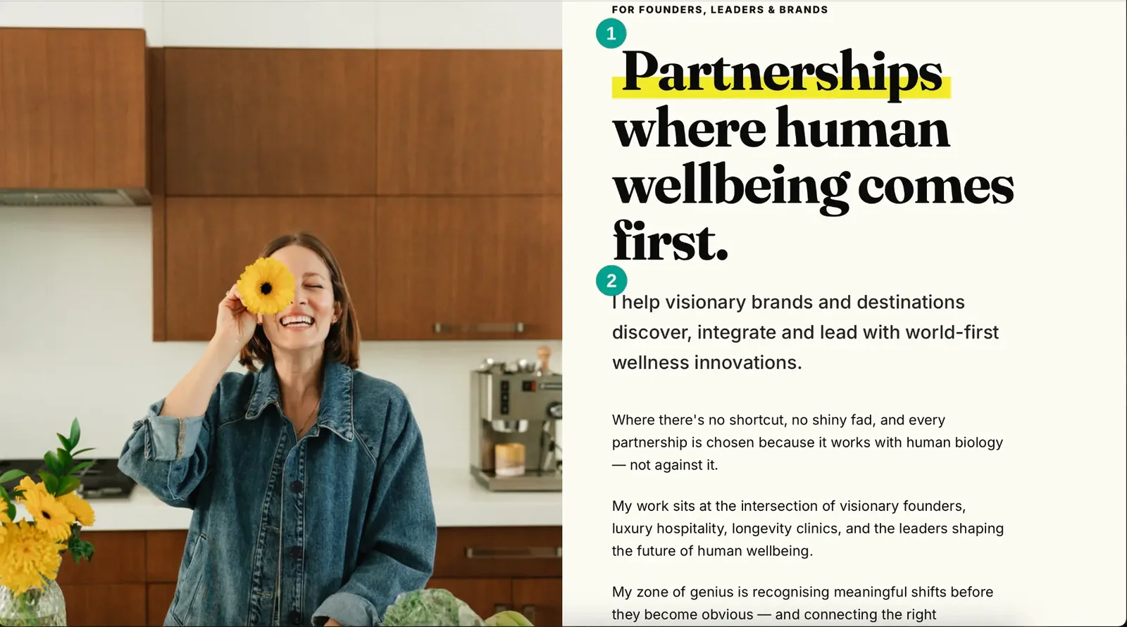 Zofia Hausman opening screen with portrait, positioning headline, and supporting message
