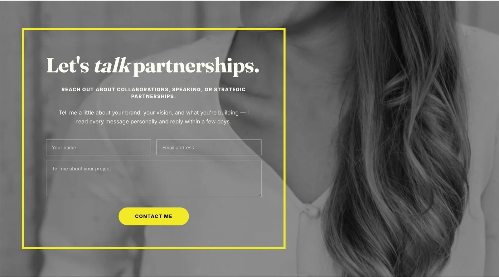 Zofia Hausman contact form over a monochrome portrait with a yellow frame