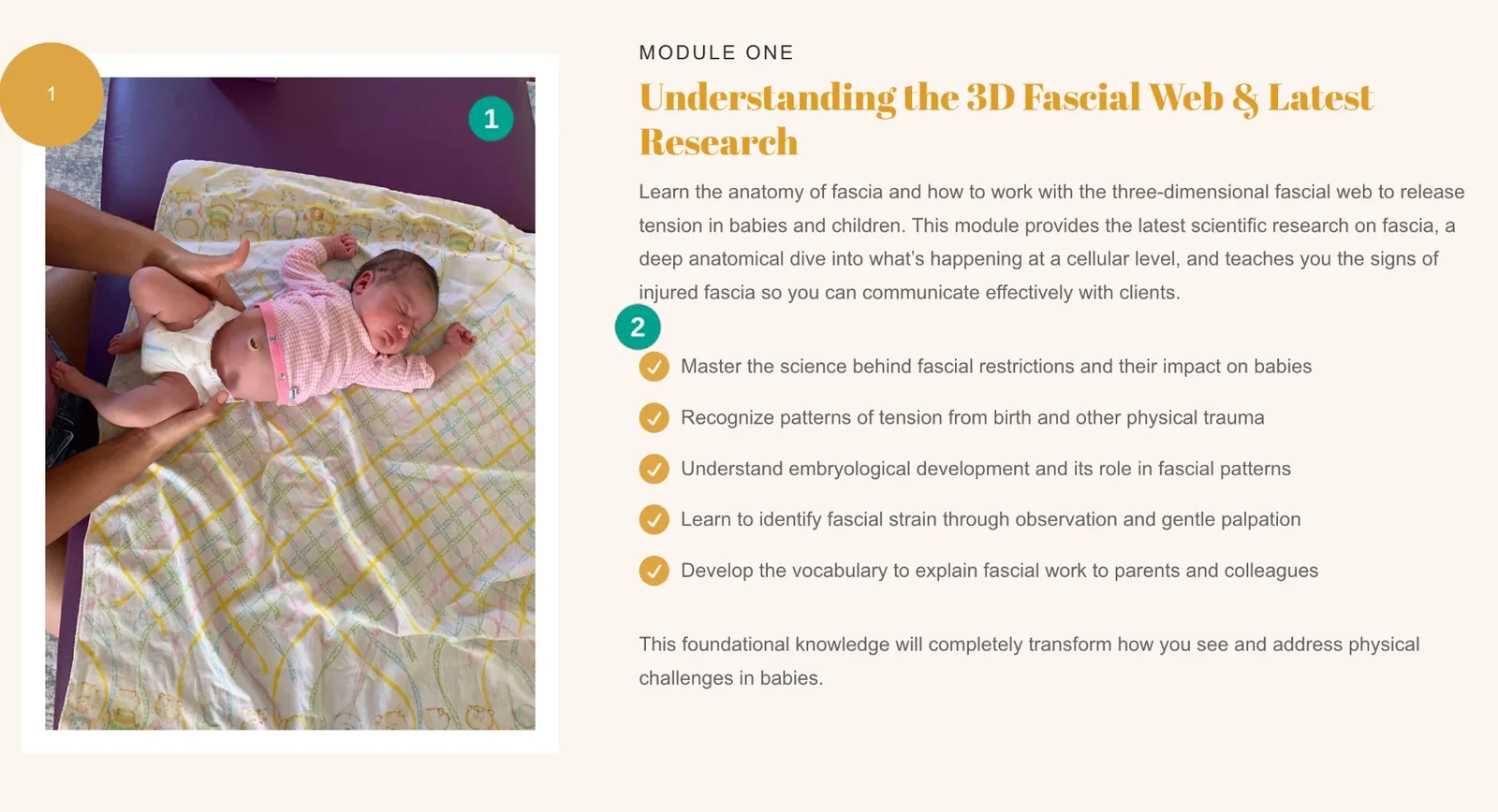 Module One of Bodywork for Babies with a treatment photograph and detailed learning points