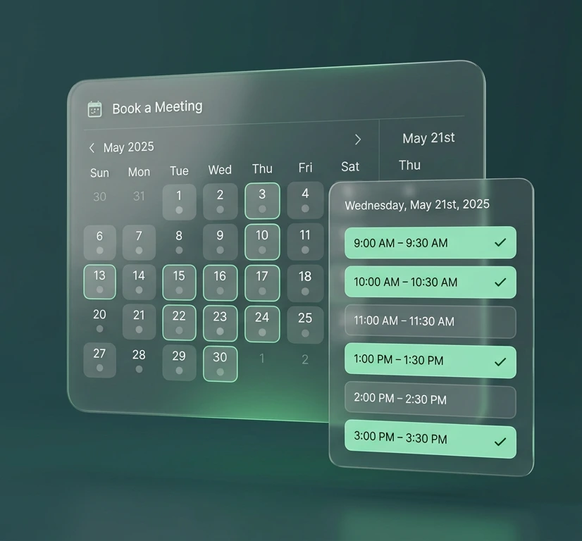 Floating monthly booking calendar with a daily agenda of checked appointments
