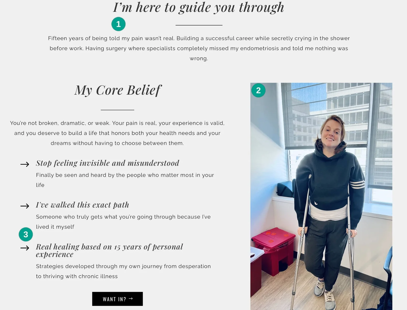 Revive & Thrive guiding belief with the coach recovering on crutches and three numbered notes
