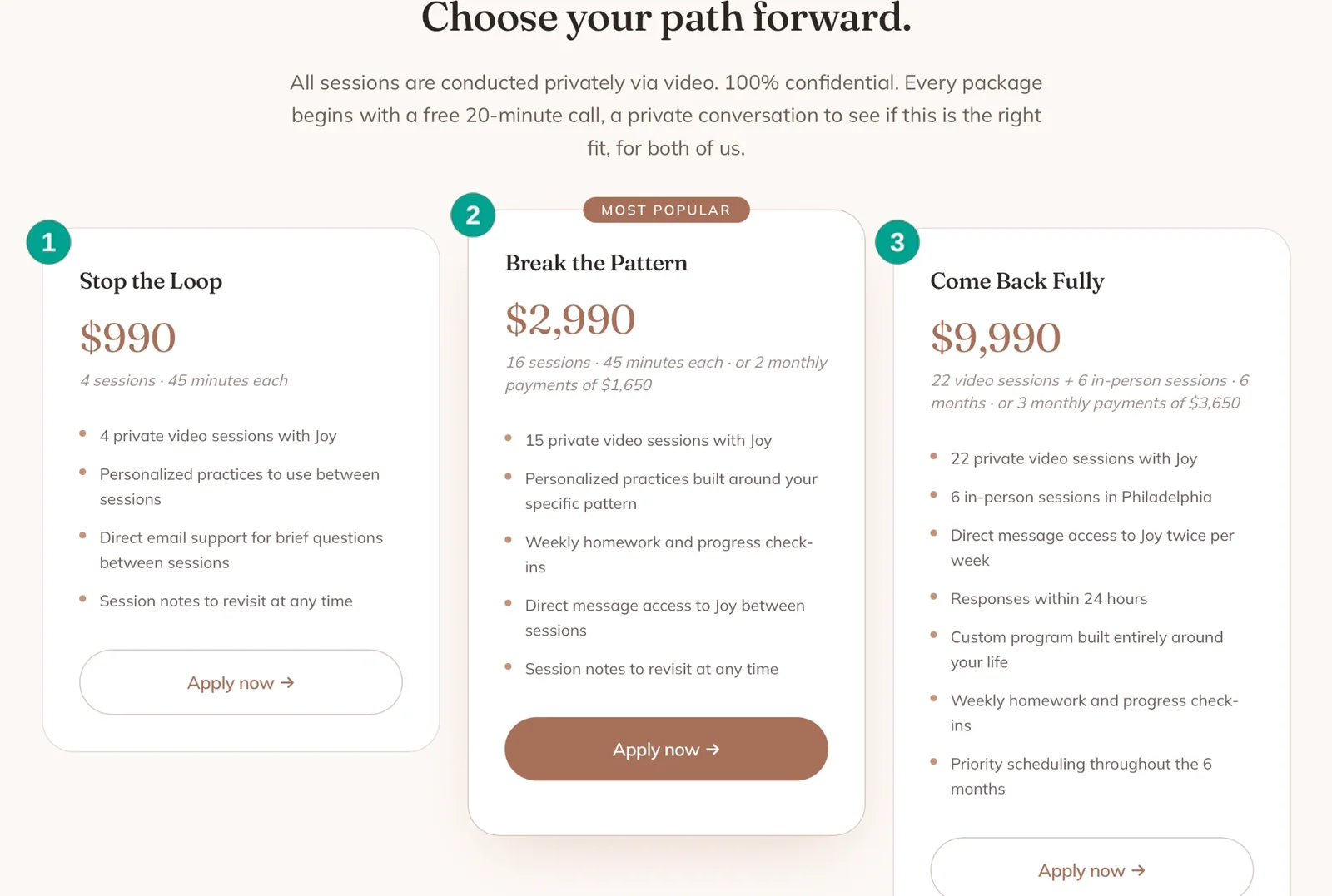 Joy Rigel three-package coaching offer with prices, session details, and application buttons