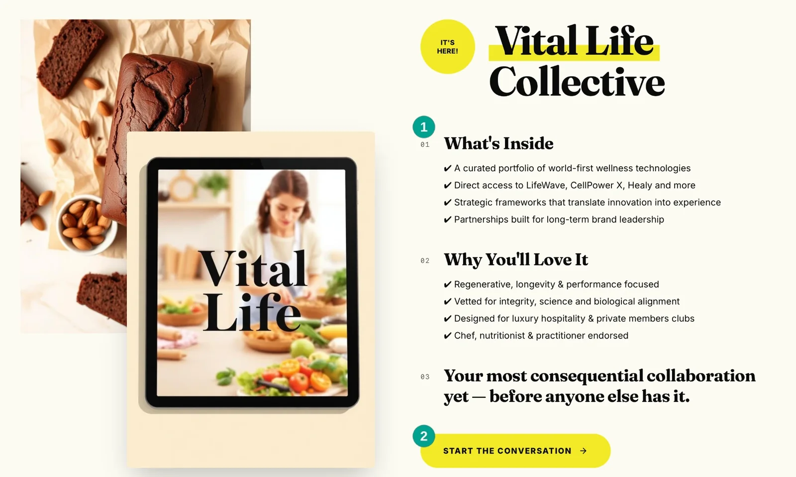 Vital Life Collective offer with benefits, differentiators, product image, and action button