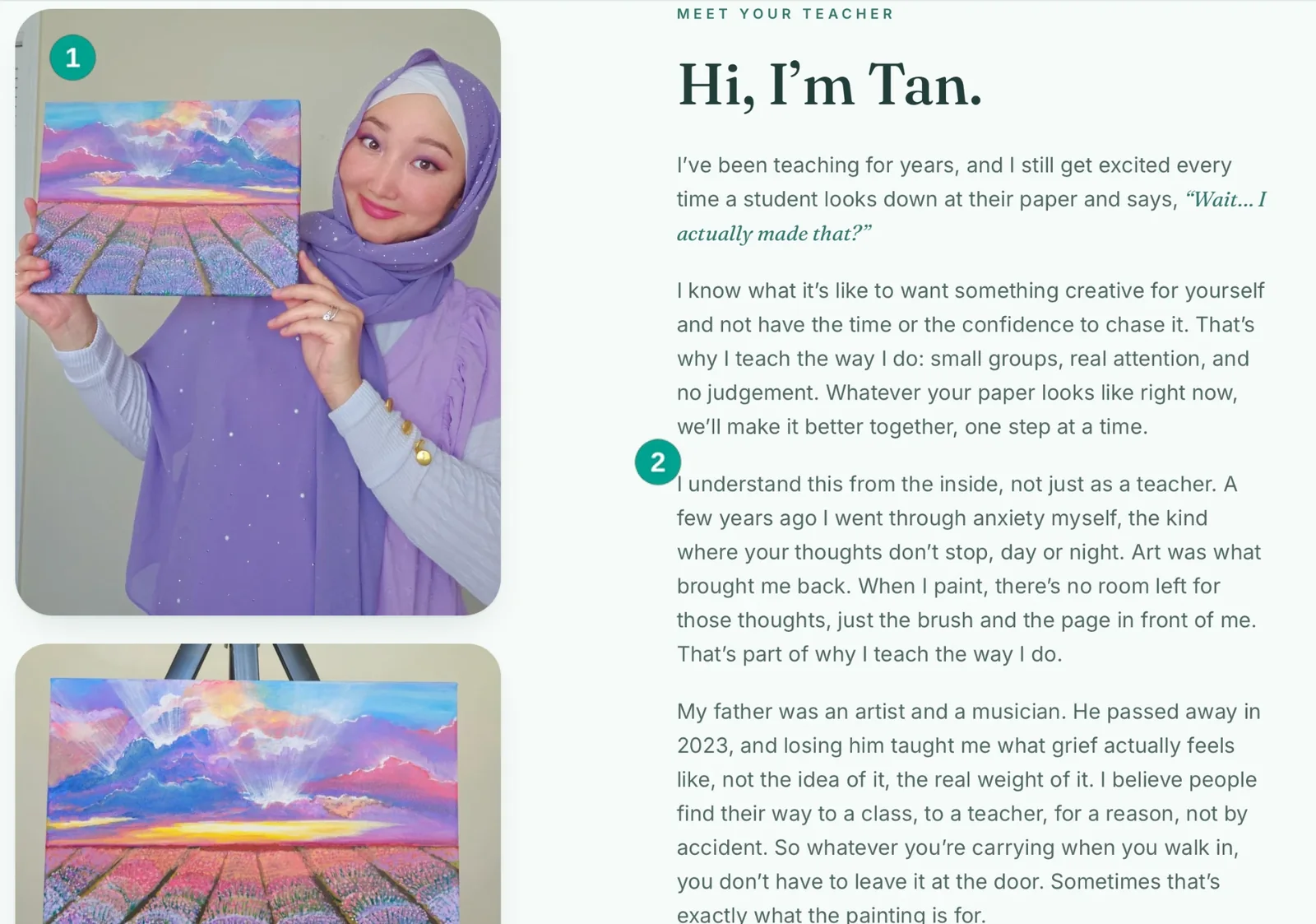 Mig & Tan teacher story with portrait and examples of her artwork