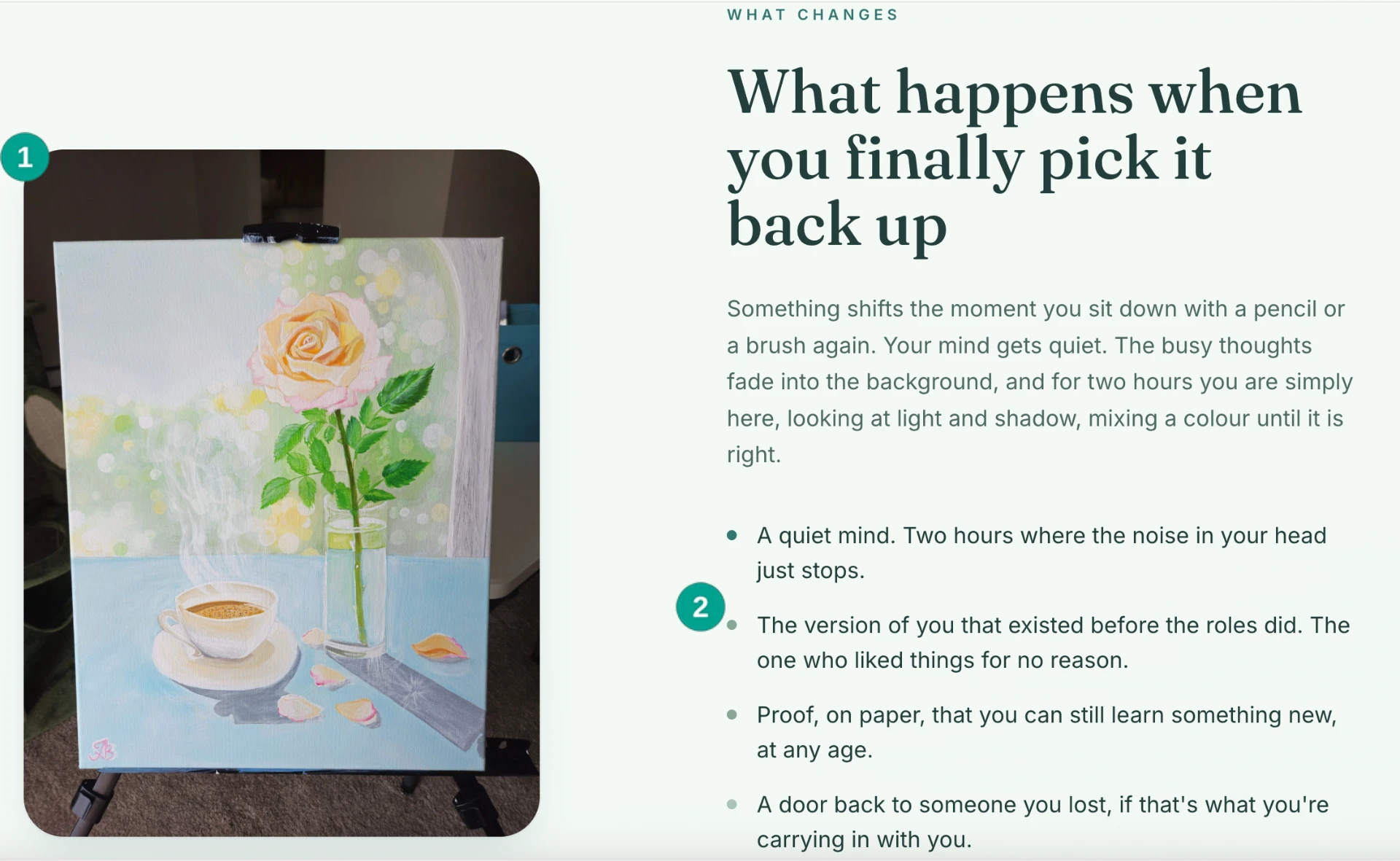 Mig & Tan section showing a finished painting and the emotional benefits of art