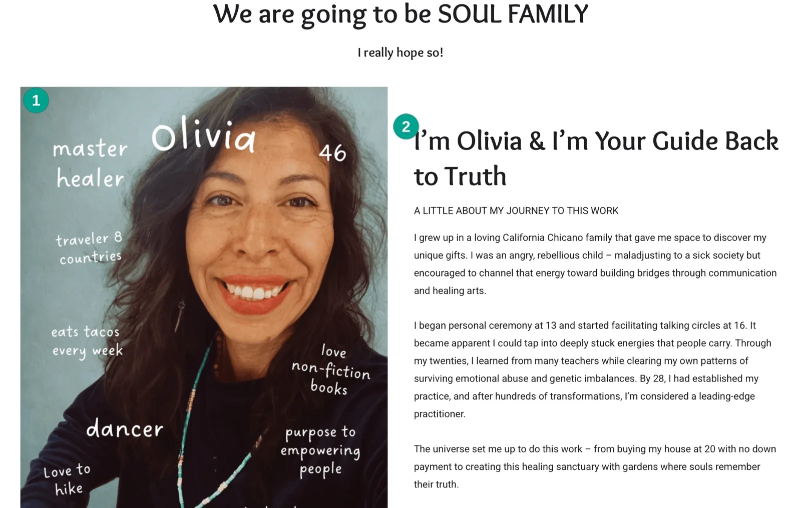 Olivia's personal introduction with two numbered callouts