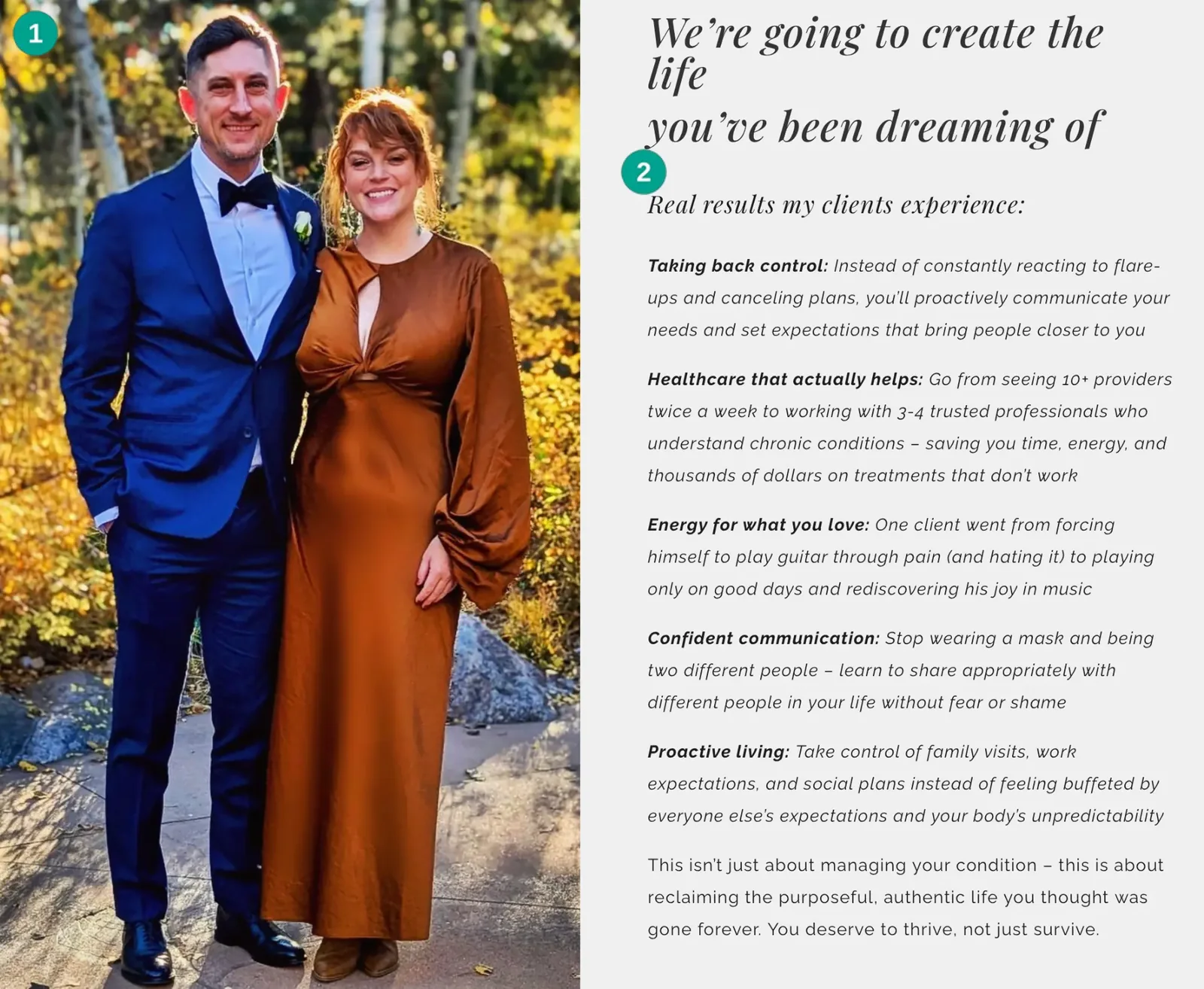 Revive & Thrive results section with a wedding photograph and detailed client outcomes