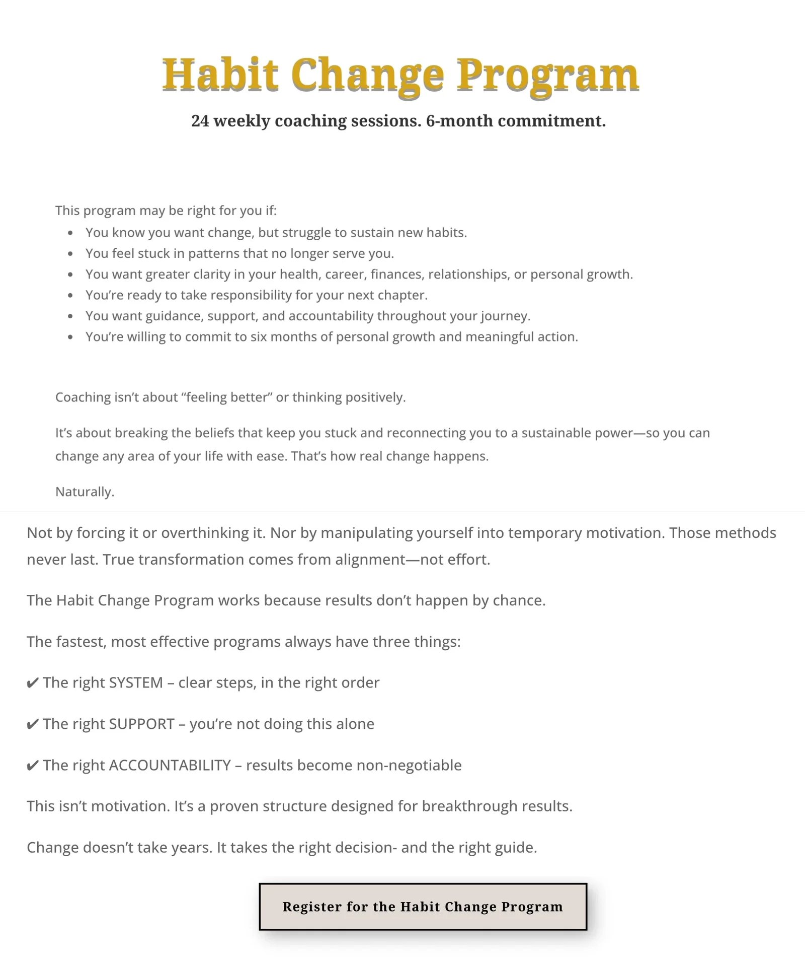 Coachingfield.com services page showing the Habit Change Program description and registration button
