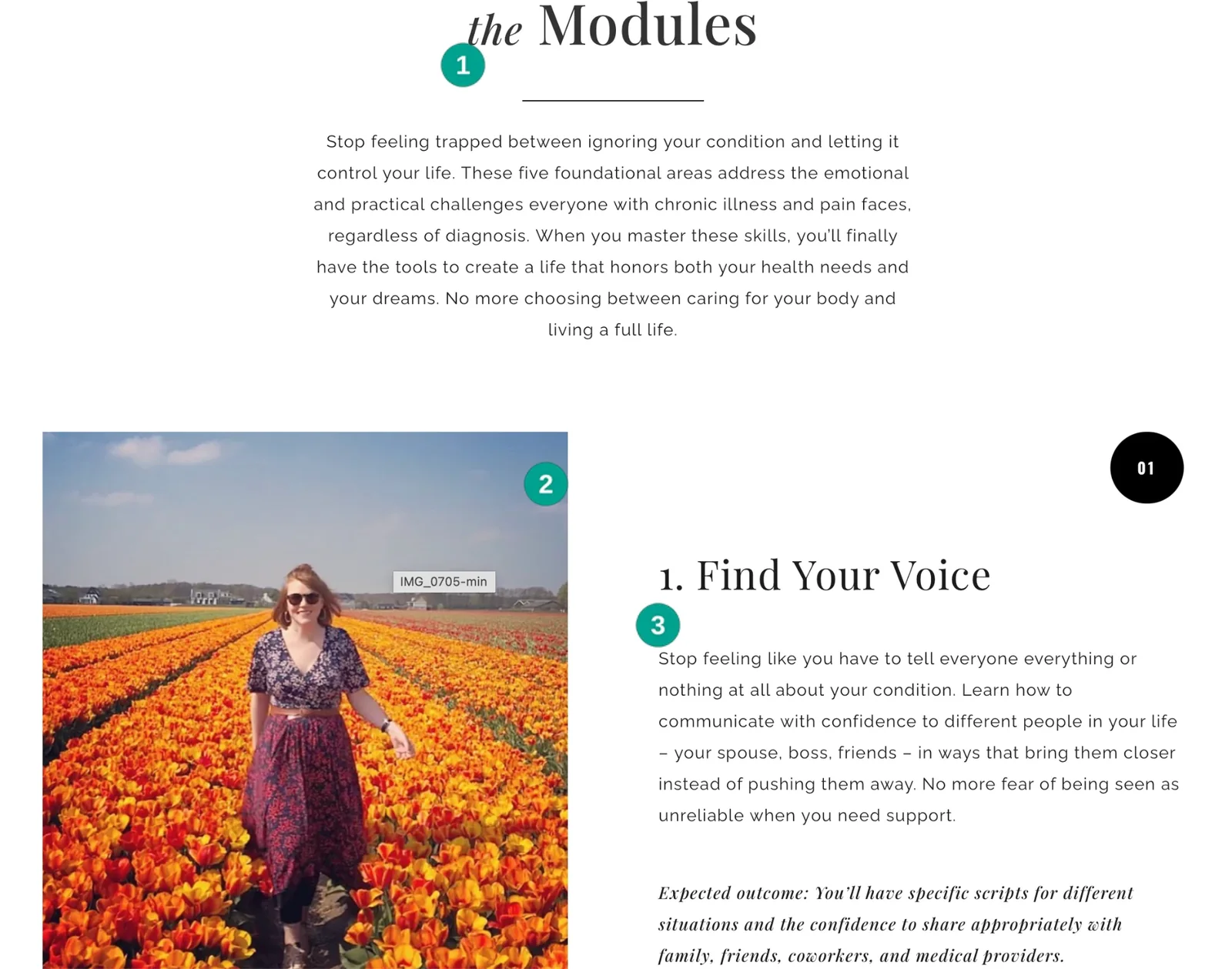 Revive & Thrive module section with an introduction, personal photograph and expected outcome