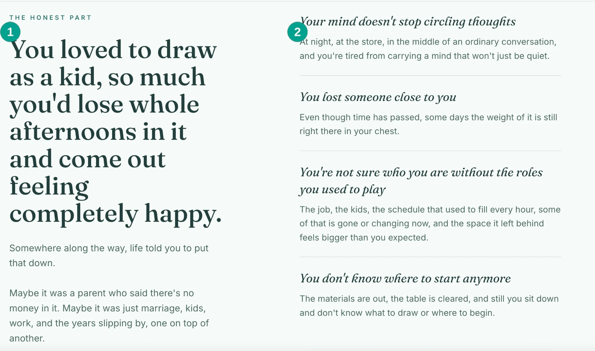Mig & Tan section describing why adults stop drawing and what they may be feeling