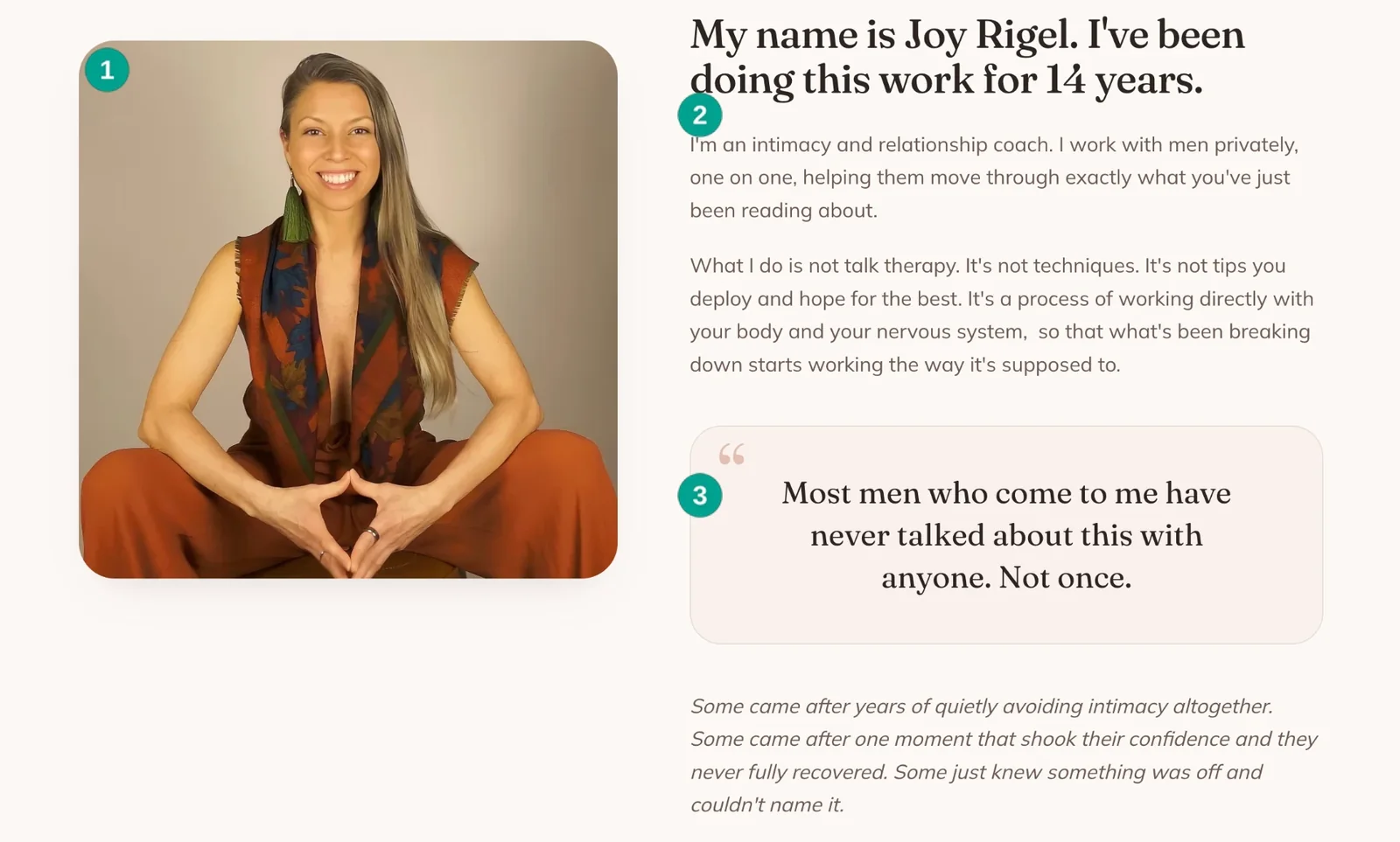 Joy Rigel introduction with portrait, professional experience, and a statement about client privacy