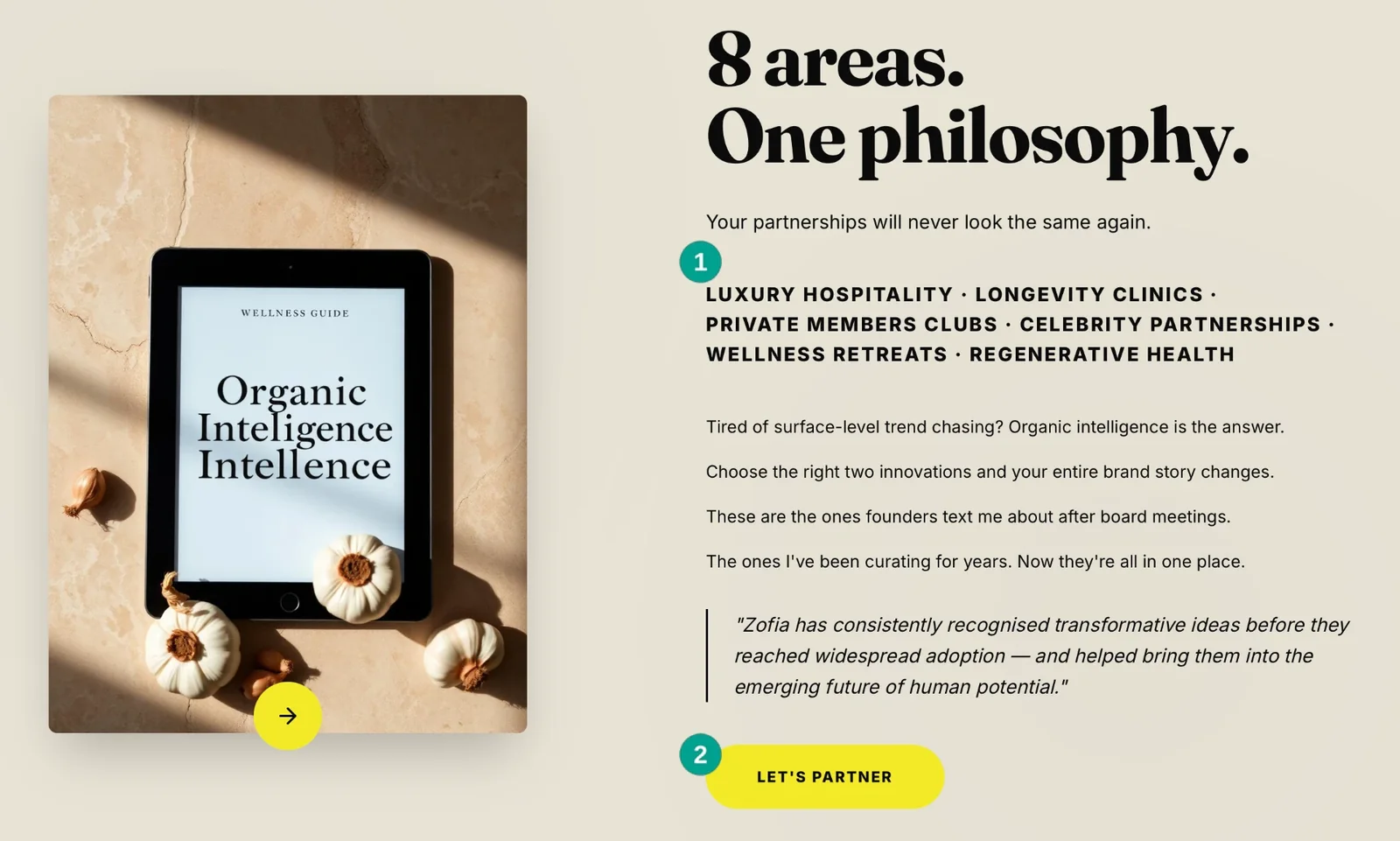 Zofia Hausman partnership philosophy with eight focus areas, proof, and invitation