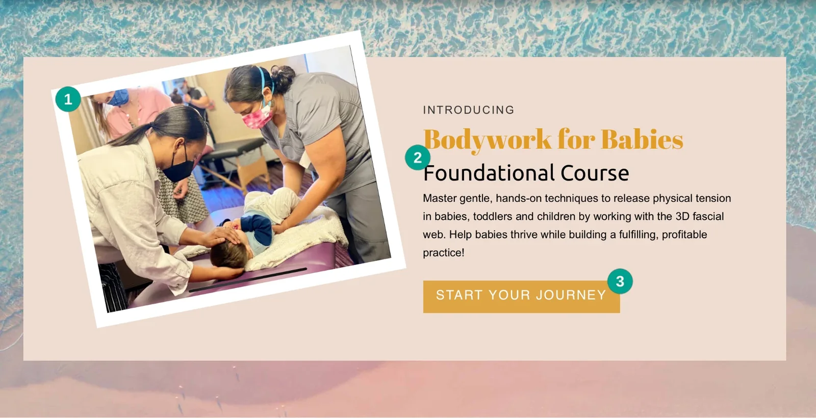 Bodywork for Babies opening screen with a practitioner treating a baby and the course promise