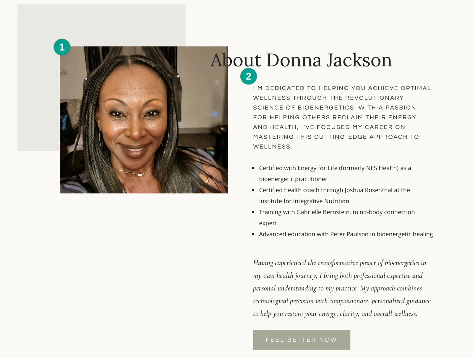 Donna Jackson introduction with portrait and two numbered callouts